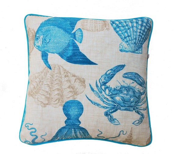 Outdoor Cushion . Beach House Cushion . Sea Life Cushion . Cushion with Crabs Shells . Cushion with Octopus . 50x50 . 20inches x20inches