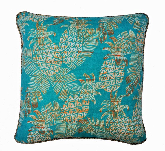 Outdoor Cushion Cover . Tropical with Pineapples in Aqua and Orange