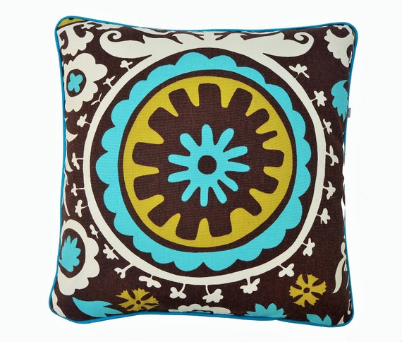 Cotton Canvas Geometric Cushion Cover . Circle Pattern . Chocolate and Aqua Cushion . Circular Design .