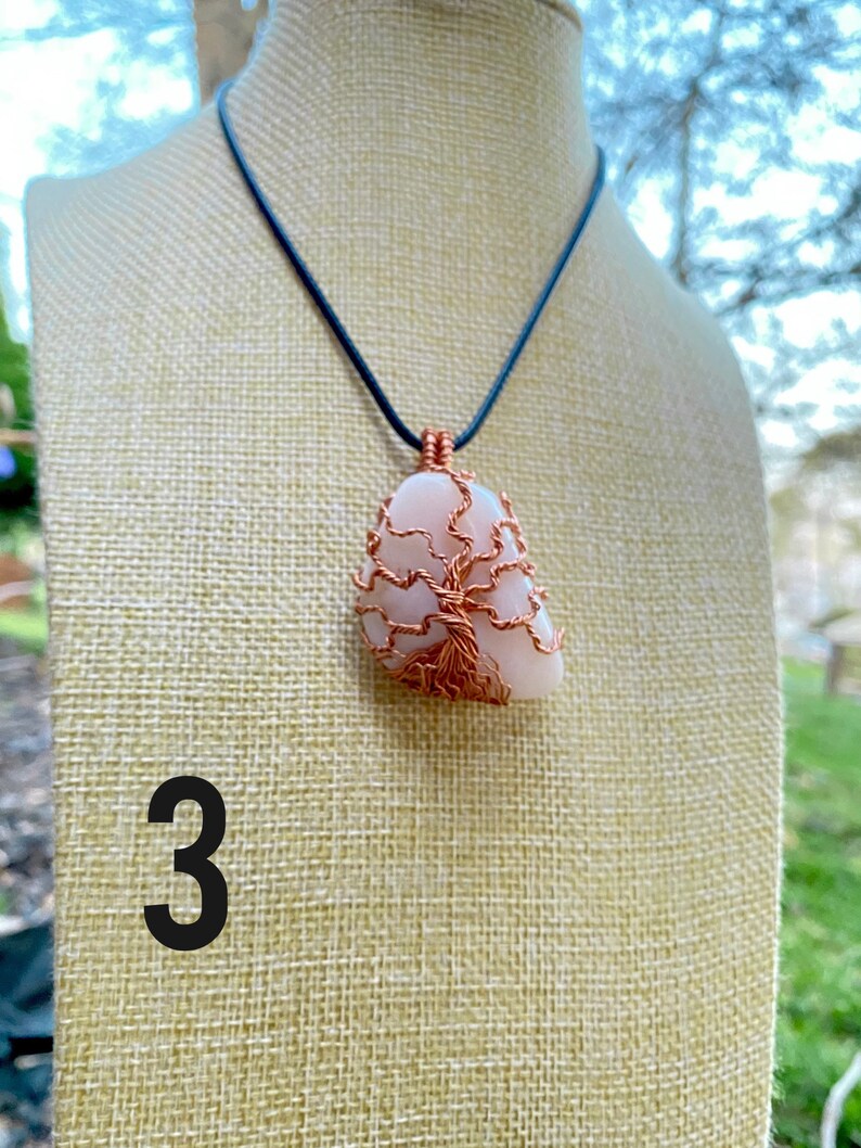 Copper wrapped Tree of Life Pink Opal necklace