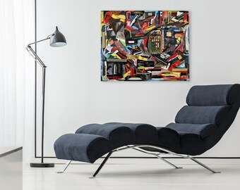 Mixed media vibrant collage painting on birch board wood "Consume" 24x30x1.5 by K Davies - Read to hang - beautiful original piece