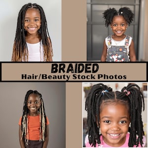 Puede incluir: Cuatro fotos de niñas jóvenes con peinados trenzados. Las niñas sonríen y miran a la cámara. Las fotos están dispuestas en una cuadrícula. El texto "BRAIDED Hair/Beauty Stock Photos" se muestra en la parte superior de la imagen.