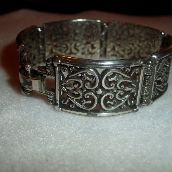 Vintage Cuff Bracelet Silvered Metal Heavy Ornate Design