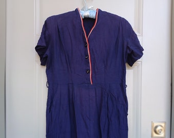 Vintage 1940s navy blue day dress red trim puff sleeves - Medium to Large