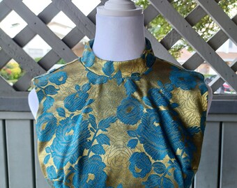 Beautiful gold blue floral brocade 1950s cocktail dress wiggle dress - Extra Extra Small to Extra Small