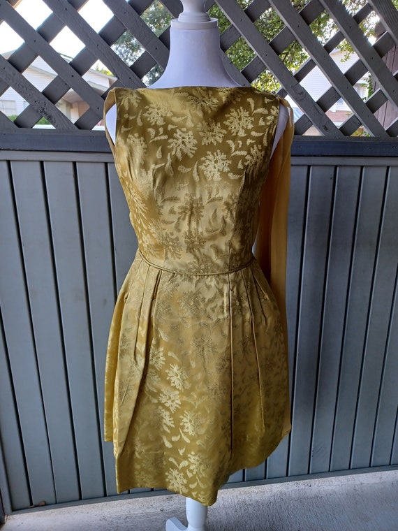 Buy SALE Vintage Gold Brocade A Line Dress Sash Rhinestone Party  