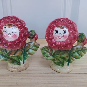 SALE Vintage kitschy 1960s red zinnia flowers salt pepper shakers anthropomorphic garden As-Is