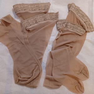 Sale Vintage 1960s sheer beige tan soft nylon thigh-high stockings - Small to Medium