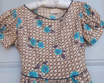 Vintage 1940s brown with blue flowers rhinestones crinoline day dress teen - Extra Small