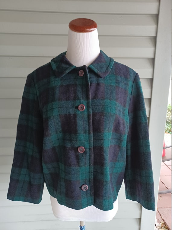 Vintage 1950s Pendleton Wool Cropped Jacket – Green Blue Plaid, M/L
