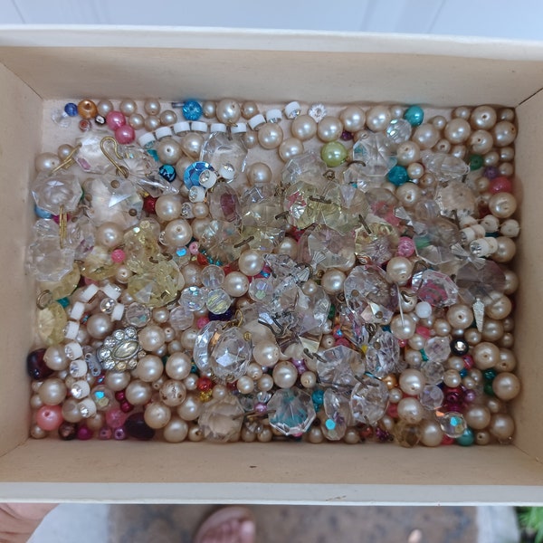 Vintage Fortnum & Mason candy box with rhinestones, pearls, and beads