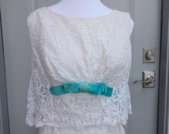 Vintage MCM white lace cocktail dress blue bow - Extra Small to Small