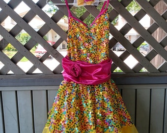 Girls Teen colorful rainbow sequin yellow ballet tap costume performer musical theater - Girls Large to XL or Small Teen