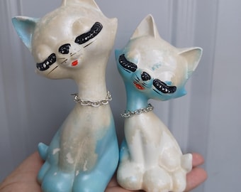 Figuras de gato con pestañas vintage de los años 50, decoración MCM en azul bebé (tal cual)