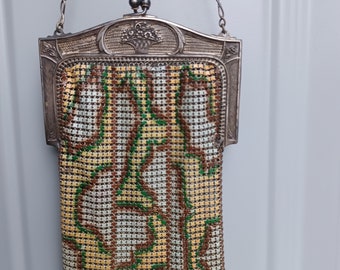 Sale Vintage 1910s 1920s Whiting and Davis "Elsah" enamel mesh purse neutral colors cheetah style print art deco