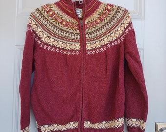 Vintage Y2K Fair Isle Knit Cardigan - Burgundy Ramie Cotton, Medium