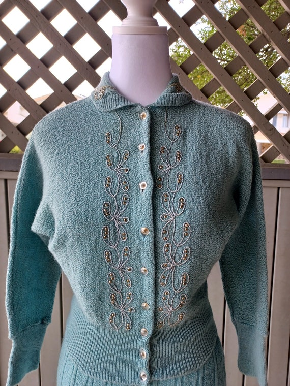 Vintage 1940s gorgeous blue wool knit sweater ski… - image 1