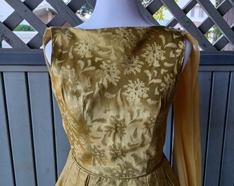 Vintage gold brocade A line dress w sash rhinestone embellishment party dress -  Extra Extra Small to Extra Small