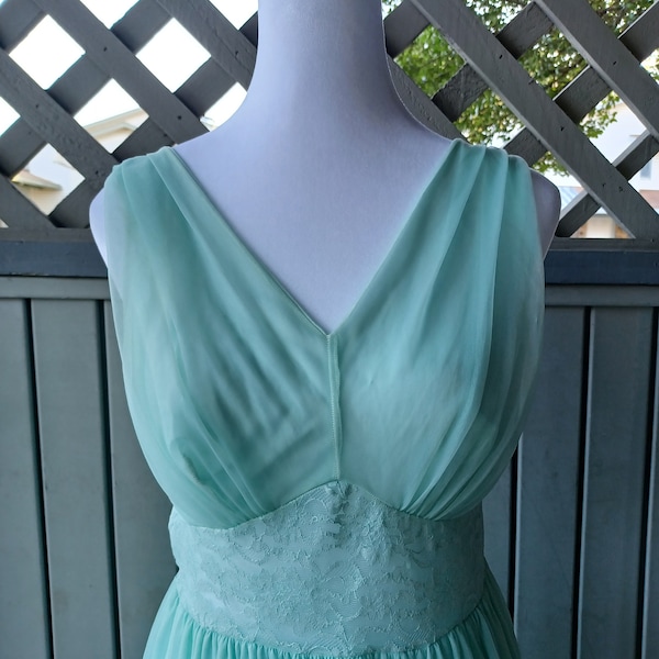 Vintage pale blue semi sheer chiffon Grecian style nightgown - Small to Medium