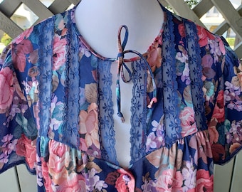 Vintage Blumen Nachthemd Robe Marineblau mit rosa Blumen - Medium