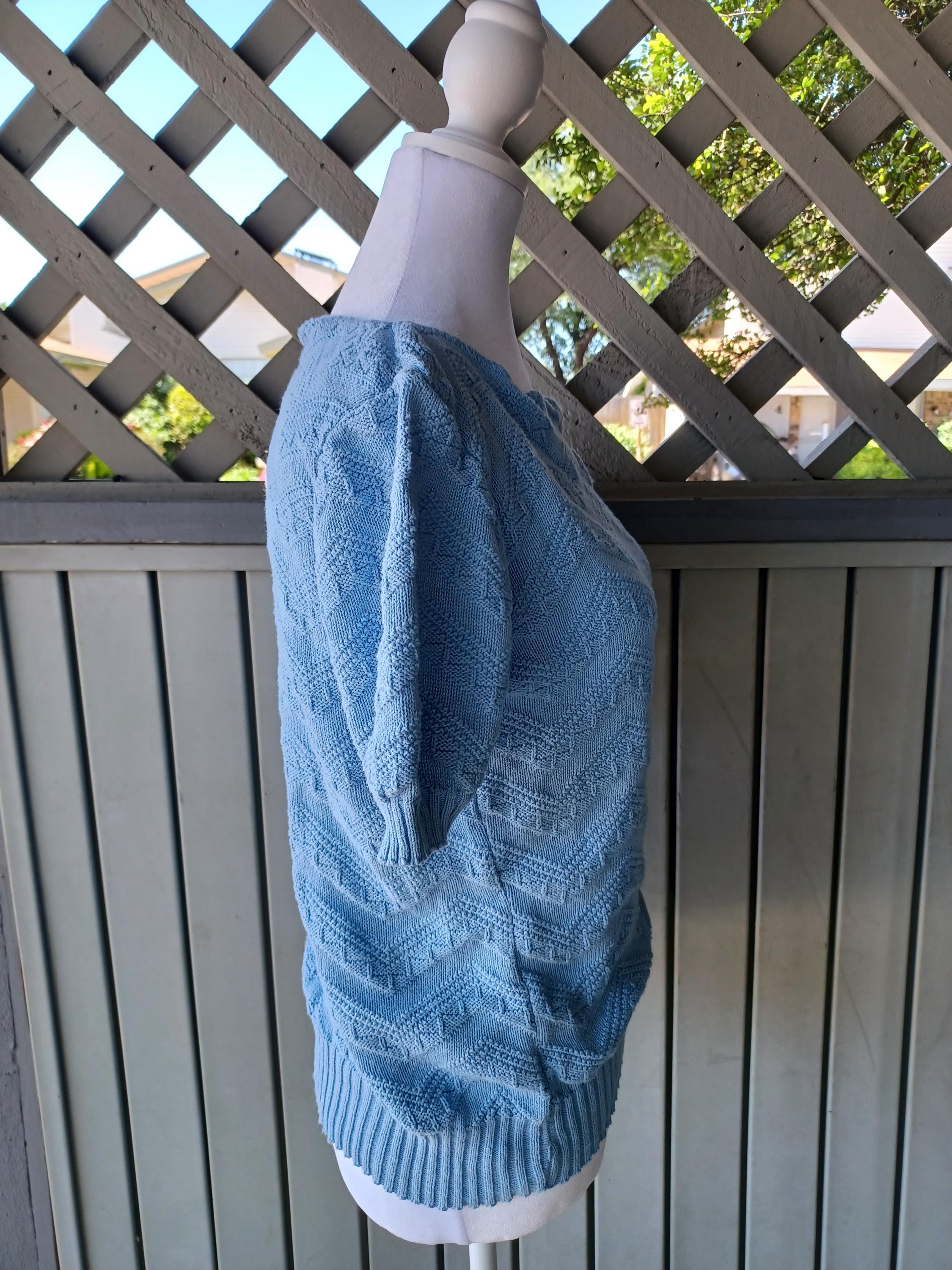 Vintage 70s Knit Sweater - Sky Blue Short Sleeve Top, Zigzag