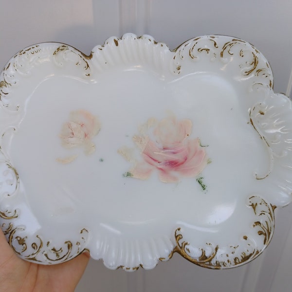 Antique beautiful handpainted romantic pink roses  Victorian milk glass tray trinket dish