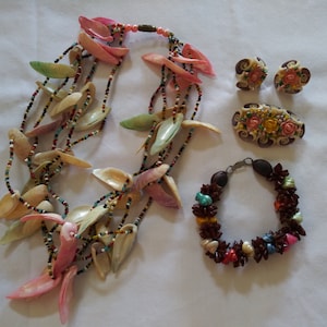 SALE Vintage colorful shell jewelry lot necklace, brooch earrings, bracelet