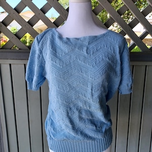 Vintage hellblaue Kurzarm Strickpullover Bluse Cuddle Knit - Medium