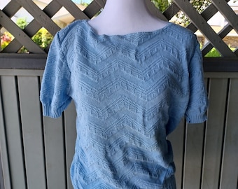 Vintage 70s Knit Sweater - Sky Blue Short Sleeve Top, Zigzag