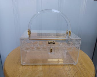 Vintage 1950s MCM Etched Swirl Clear Lucite Box Purse