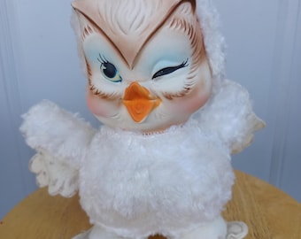 Vintage Rushton Star Creation rubberen gezicht witte knipogende uil pluche knuffeldier