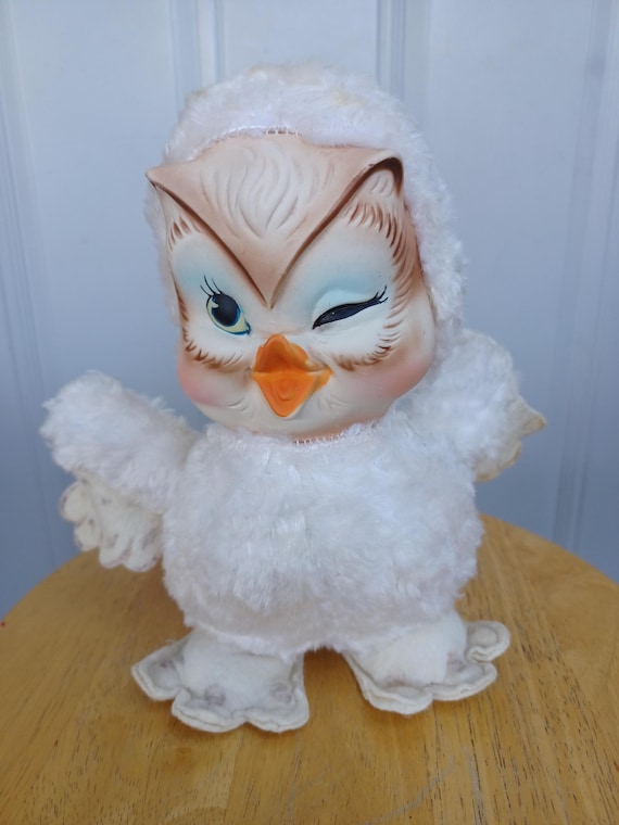 Vintage Rushton Star Creation rubber face white winking Owl plush stuffed animal
