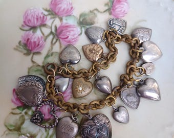 Antyczna wiktoriańska bransoletka z zawieszką w kształcie serca ze srebra próby 925 z lat 40. XX wieku