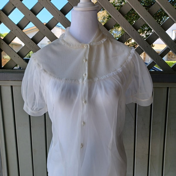 Vintage 1950s white gossamer sheer nylon chiffon blouse Pin Up style- Medium to Large
