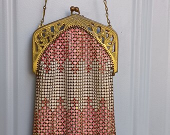 Vintage 1920s flapper art deco pink white mesh enamel handbag purse pouch -  Whiting and Davis