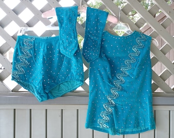 SALDI Costume da majorette vintage anni &#39;60, uniforme blu turchese con strass - dalla taglia XS alla S