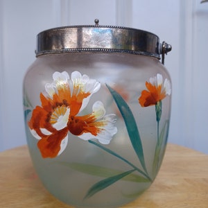 SALE Vintage antike 1800er Jahre viktorianischen handbemalten Emaille orange Blumen Keksdose Glas