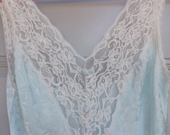 Vintage pale robins egg blue lace and jacquard nightie nightgown - Medium