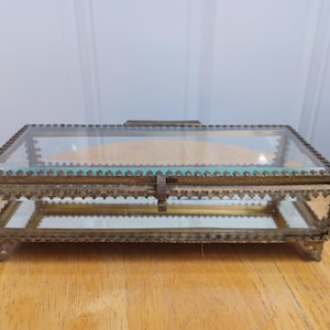 Antique Italian Long Beveled Glass Casket Jewelry Box Display Ormolu