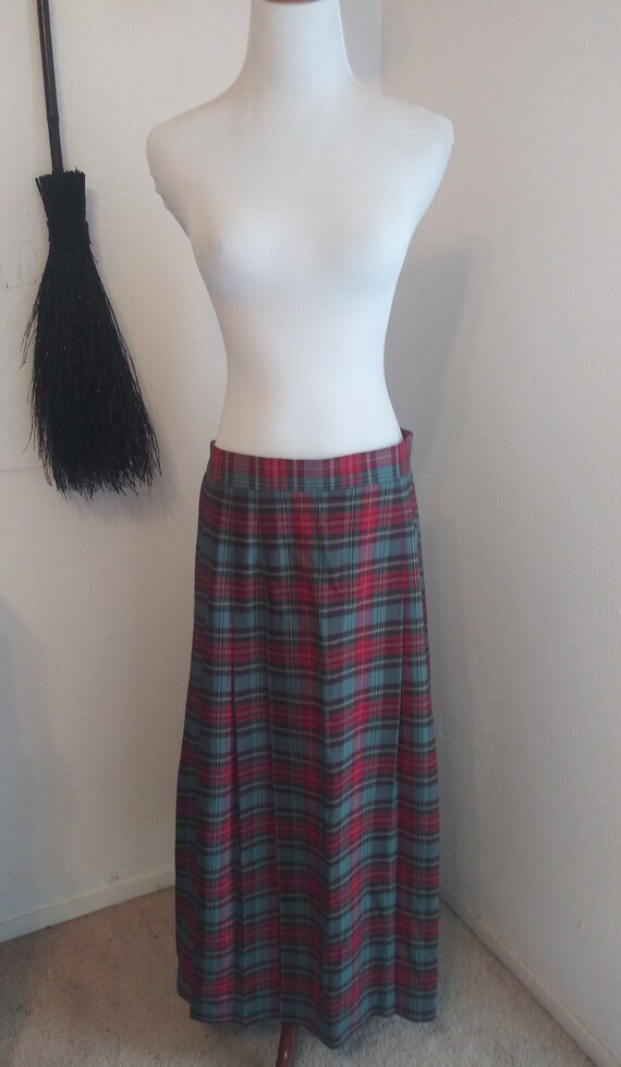 Vintage long red green plaid pleated skirt - Mediu