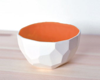 Modern porcelain breakfast bowl - soup bowl handmade in polygons out of porcelain- facetted design - Poligon colored bowl - Bright Orange