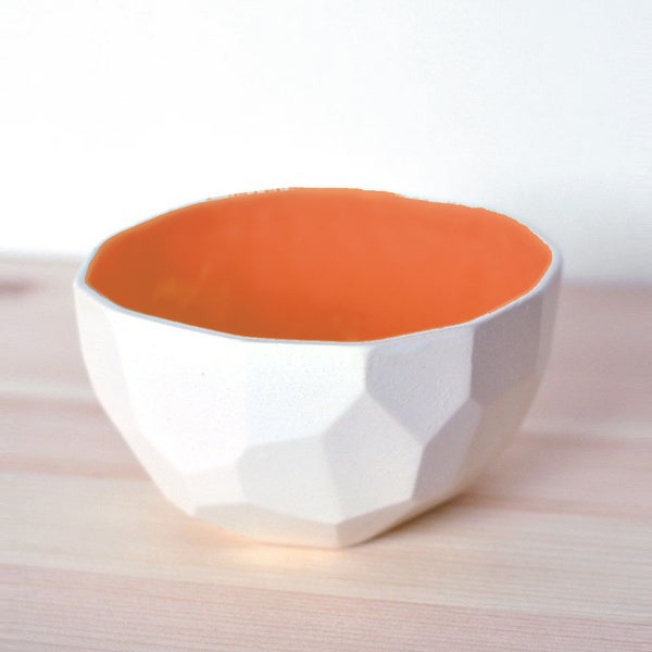 Modern porcelain breakfast bowl - soup bowl handmade in polygons out of porcelain- facetted design - Poligon colored bowl - Bright Orange