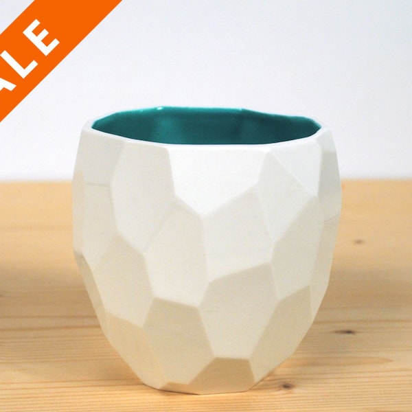 Handmade Faceted Ceramic Cup - Emerald Green Interior, Modern Tableware
