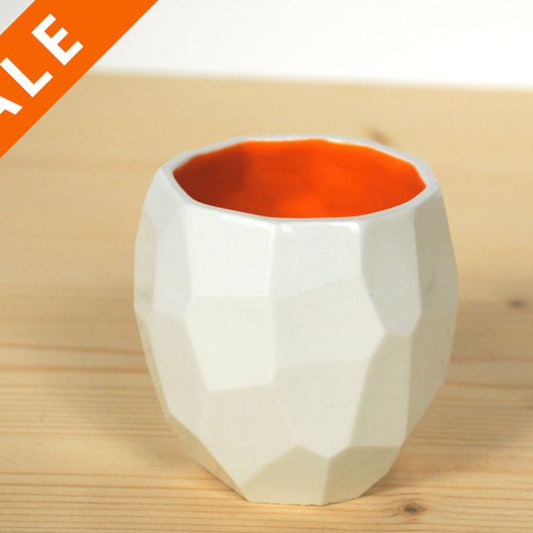 Handmade Faceted Ceramic Espresso Cup – Bright Orange Interior
