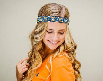 Beaded Headband - Adjustable Headband - Crystal Headband - Boho Headband - Photo Prop - Blue Headband - Gatsby Headband - Florida Gators