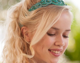 Beaded Light Turquoise Headband New Turquoise Beaded Headband - Adjustable Headband - High  main image 4