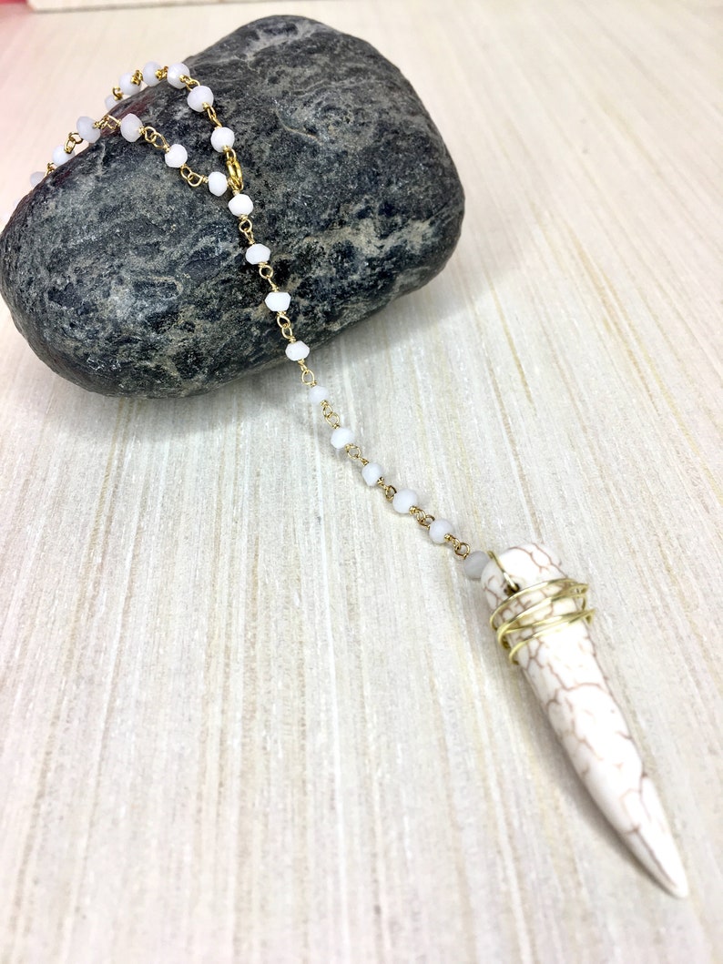 White Rosary Necklace Howlite Jewelry Howlite Lariat Necklace Howlite Necklace Y Necklace Howlite Pendant Necklace Horn Necklace
