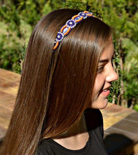 Beaded Headband - Crystal Headband - Purple & Orange Headband