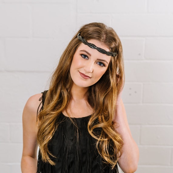 Black Twist Beaded Headband - Bridal Headband - Hair Jewelry  display picture 3