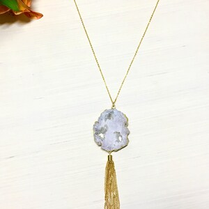 White Druzy Stone Necklace - Druzy Necklace - Druzy Tassel Necklace - Gold Druzy Necklace - Gold Tassel Necklace - Boho Necklace  - Drusy